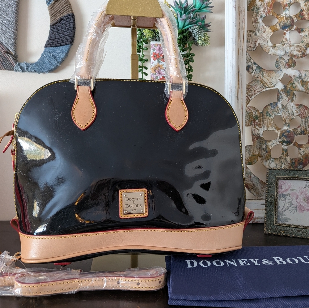 Dooney & Bourke Onyx Black Patent Leather Zip Zip Satchel NWT